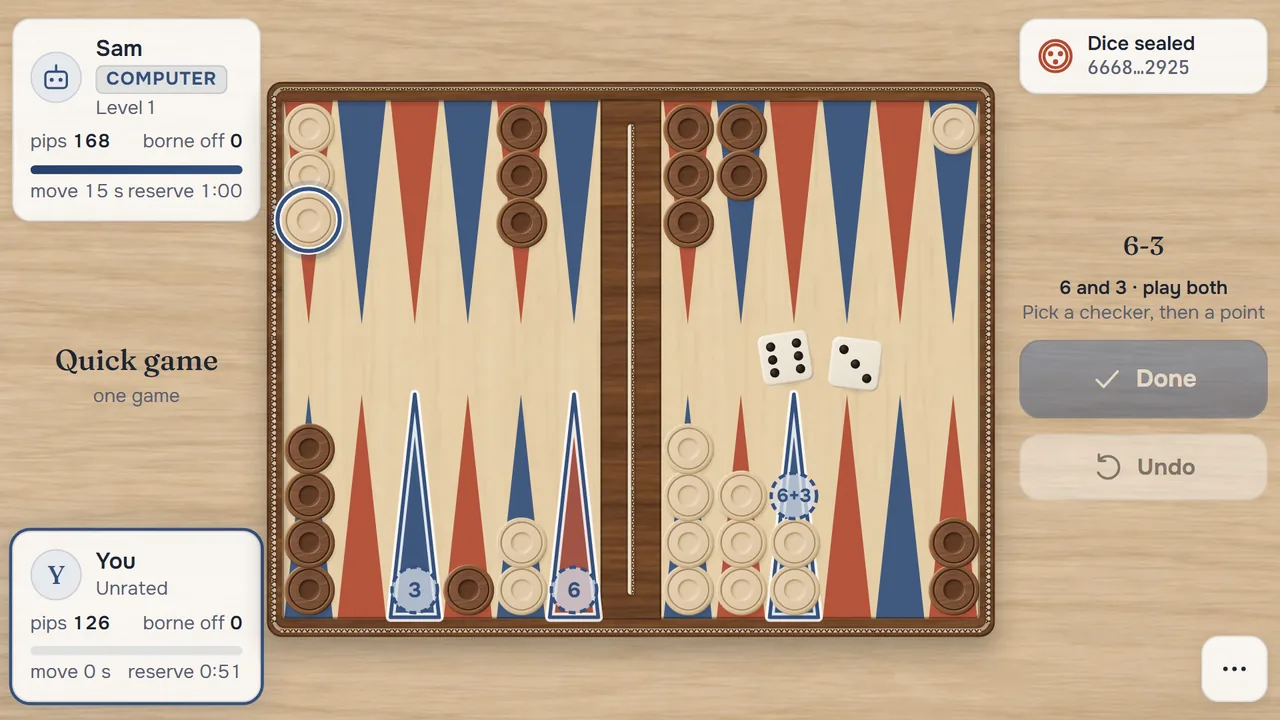 Mid-move with a 6-3: a checker picked up and its three possible points lit with the die that reaches each