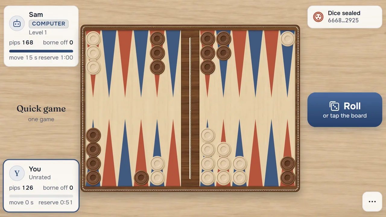 A table at the moment of your roll: the two plates, the board, the Roll button and the dice seal in the corner