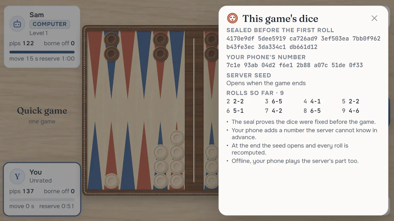 The dice sheet during a game: the fingerprint sealed before the first roll, your phone's number, the server seed still closed, and the rolls so far