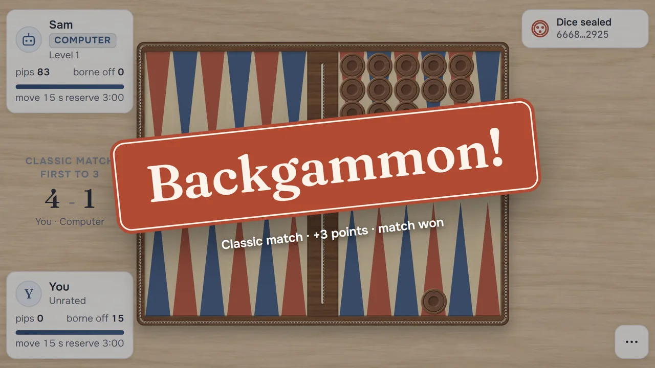 A Classic match ending with a Backgammon stamp across the board: 4 to 1, match won