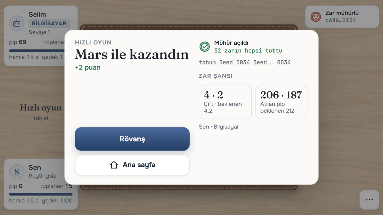 Oyun sonu kartı: Mars ile kazandın, Mühür açıldı, 52 zarın hepsi tuttu ve zar şansı paneli